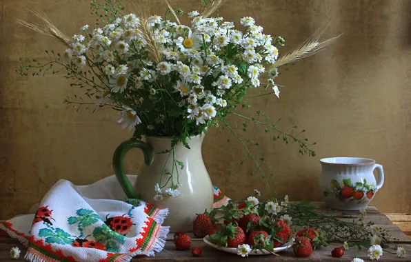 Flowers, table, chamomile, towel, strawberry, Cup, pitcher, still life