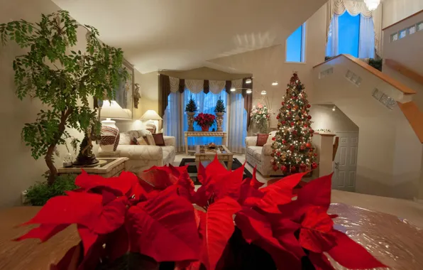 Flowers, table, room, sofa, holiday, tree, New Year, Christmas