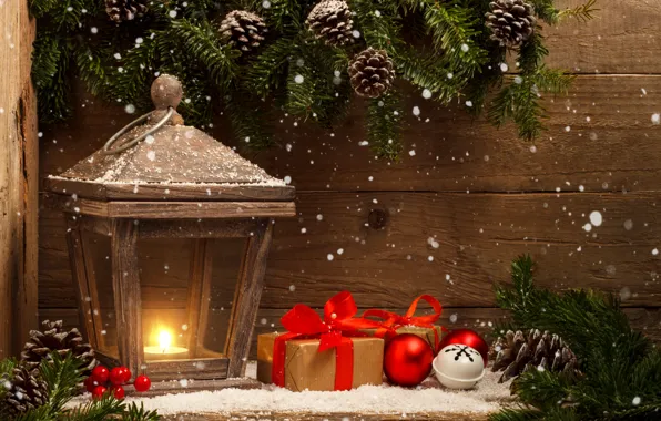 Snow, decoration, balls, New Year, Christmas, lantern, gifts, Christmas