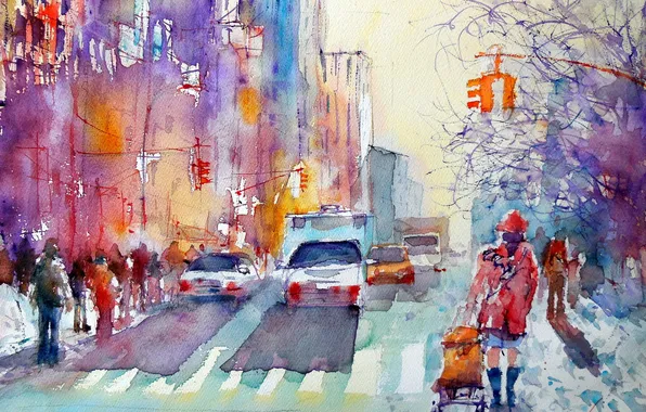The city, street, watercolor