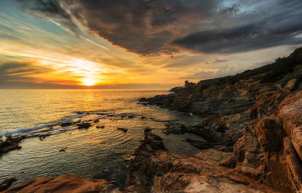 Sea, sunset, stones, rocks, coast, Italy