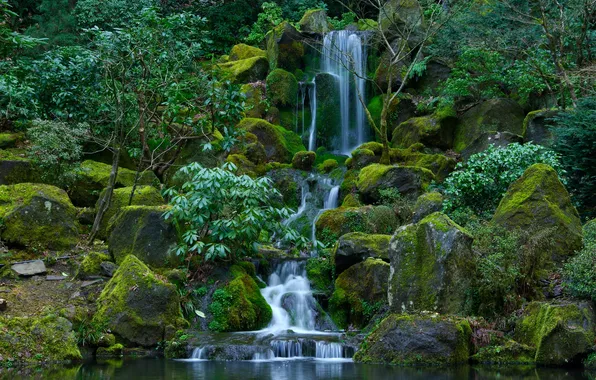 Stones, waterfall, garden, USA, USA, Portland, water.