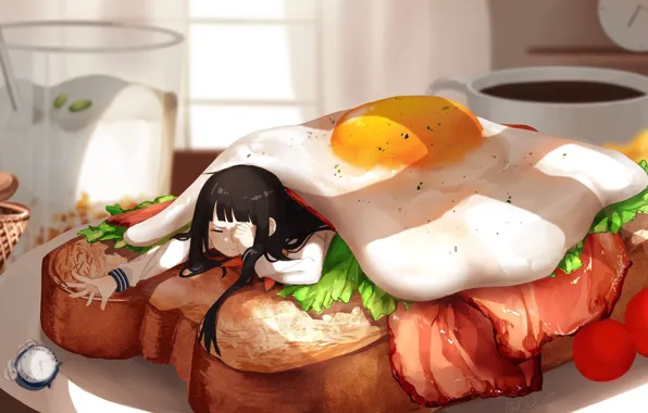 Girl, alarm clock, sandwich, eggs