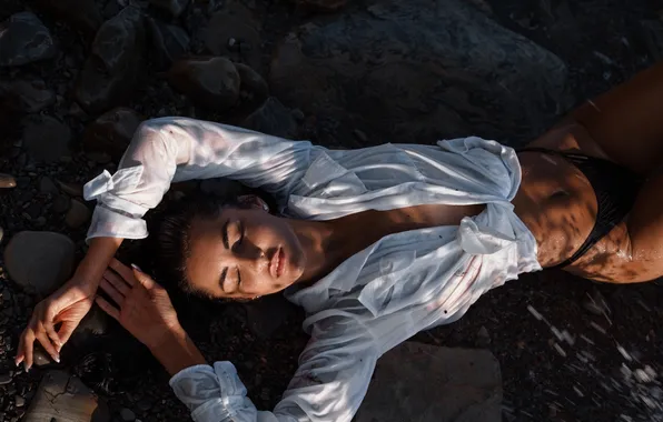 Picture girl, pose, stones, panties, hands, figure, blouse, closed eyes