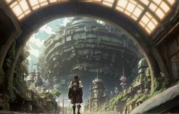 Fantasy, landscape, anime, art, fantasy art, city​​, traveler, Futuristic