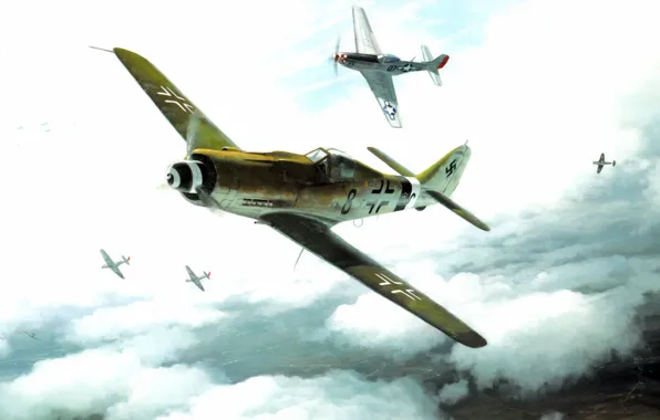 Picture aviation, ww2, painting, german fighter, p-51 mustang, art, fw 190, war