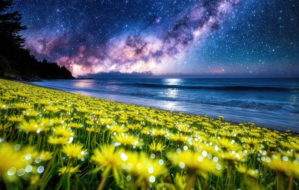 Sea, the sky, stars, light, flowers, night, blue, shore