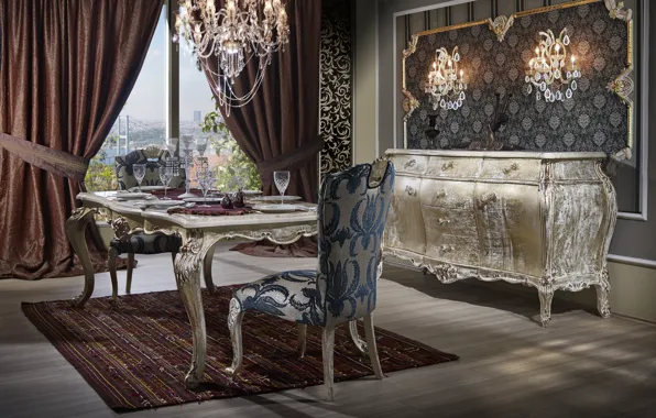 House, table, furniture, chairs, interior, window, chandelier, dining room