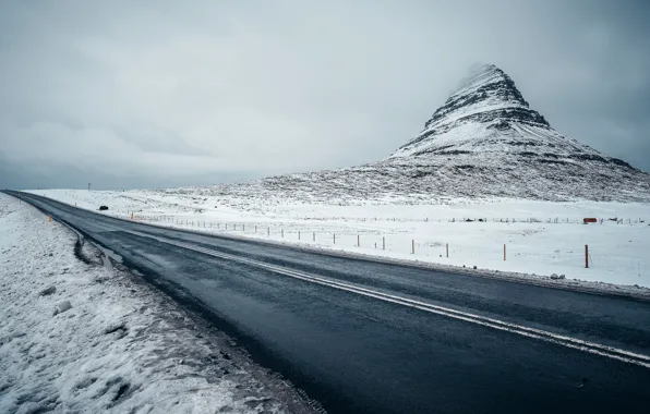 Picture winter, road, snow, fog, Iceland, Kirkjufell