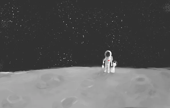 Picture cat, astronaut, stars, The moon, shovel