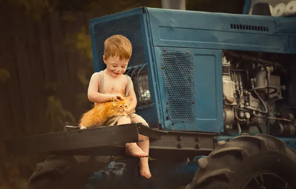 Animal, boy, tractor, cub, kitty, child, grimy, Marianne Smolin