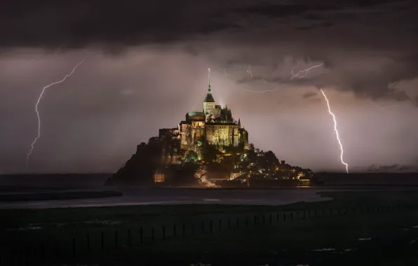 The storm, lightning, France, the monastery, Normandy, Mont-Saint-Michel