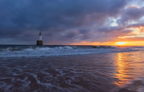Picture sea, sunset, shore, lighthouse, Rattray Head Lighthouse, Aberdeenshire