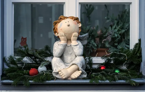 Balls, branches, toy, angel, doll, window, Christmas, New year
