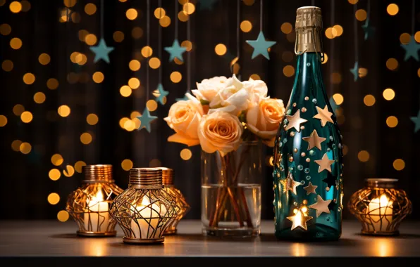 Stars, light, flowers, lights, glass, the dark background, table, wine