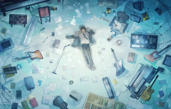 Lies, guy, on the floor, musical instruments