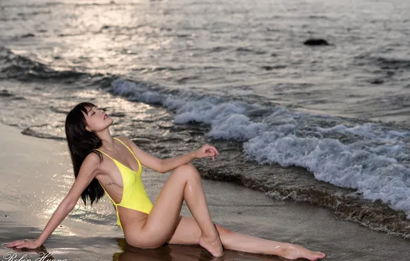 Sand, sea, beach, swimsuit, pose, model, body, wet