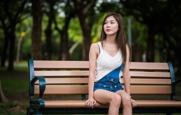Girl, Asian, cutie, bench, bokeh