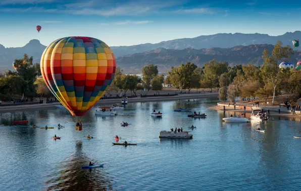 Landscape, mountains, lake, balloons, boats, AZ, USA, festival