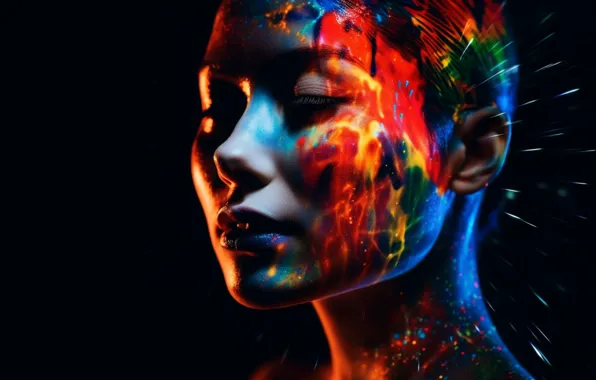 Girl, face, paint, portrait, makeup, black background, painting, body painting