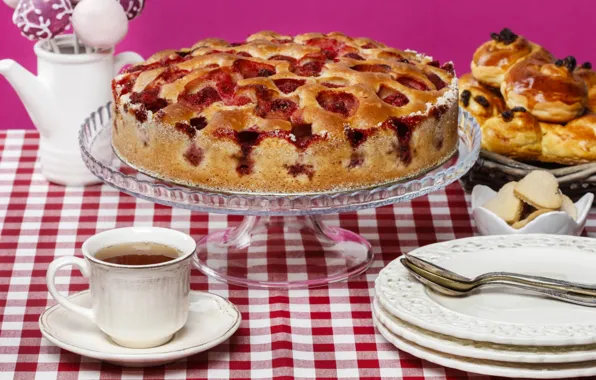 Tea, pie, cakes, tablecloth