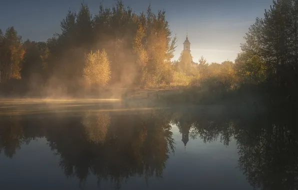 Picture fog, morning, Church, Sunday, Anna Politova