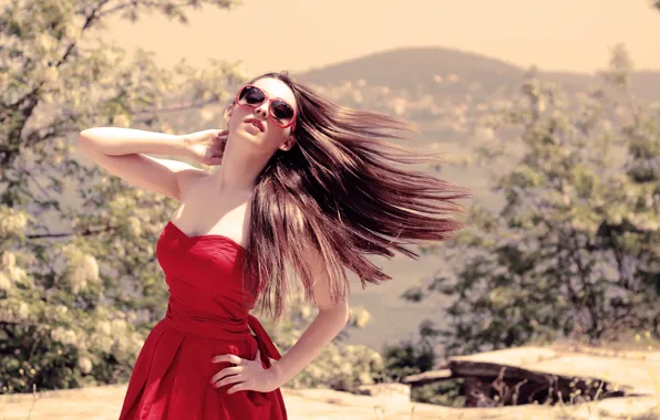 Summer, girl, the wind, glasses, red dress, long hair, Ozge Aslan