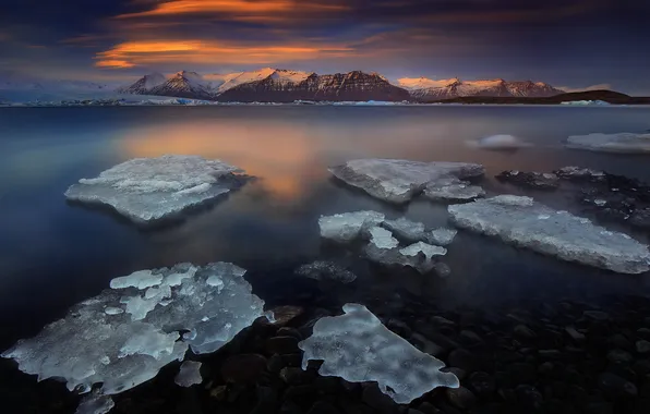 Picture mountains, night, nature, lake, ice