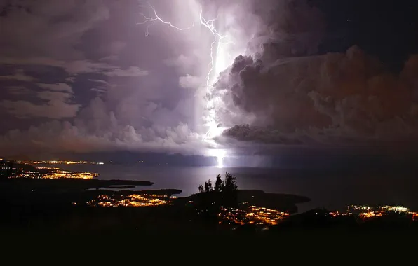 Picture sea, the storm, night, lights, lightning, Venezuela, The Catatumbo, Sulia