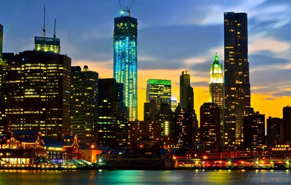 Picture sunset, lights, skyscrapers, USA, promenade, New York City