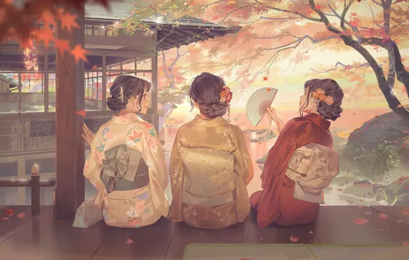 Picture pond, Japanese women, Japan, fan, kimono, gazebo, maple leaves, three girls