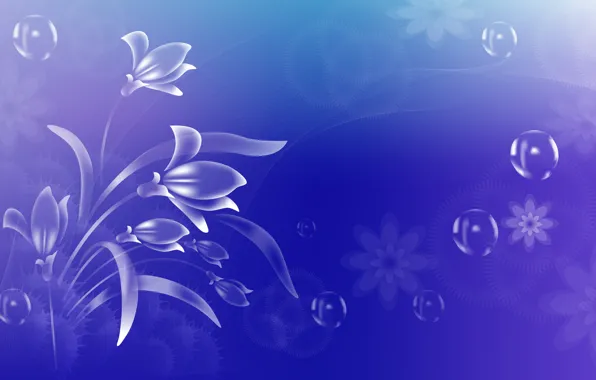 Flowers, on a blue background, bubbles