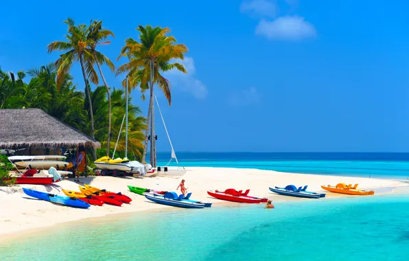 Picture beach, palm trees, the ocean, boat, white sand, fantastic Maldives