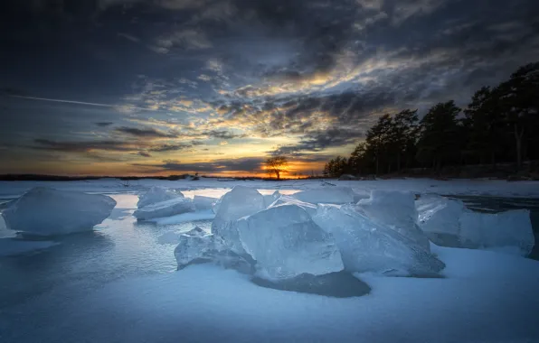 Ice, sunset, snow