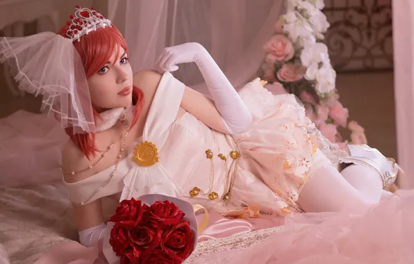 Decoration, pose, the bride, Diadema, a bouquet of flowers, cosplay, red hair, lying in bed