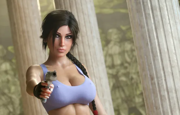 Chest, look, girl, rendering, gun, lara croft, tomb raider