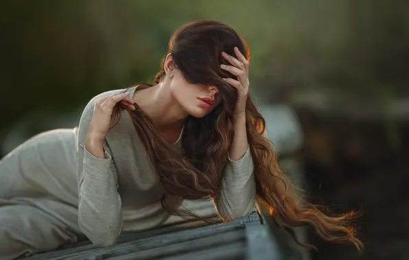 Picture pose, model, hair, hands, makeup, dress, lies, brown hair