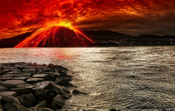 Picture sea, the sky, stones, element, bursts, the volcano, the eruption, lava
