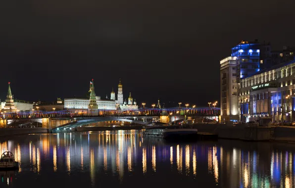 Night, lights, reflection, river, Moscow, The Kremlin