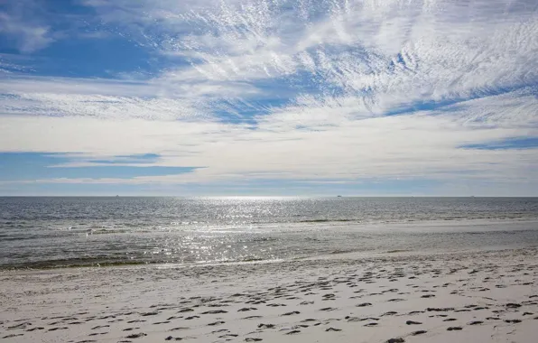 Sand, sea, beach, the sky, traces, clouds