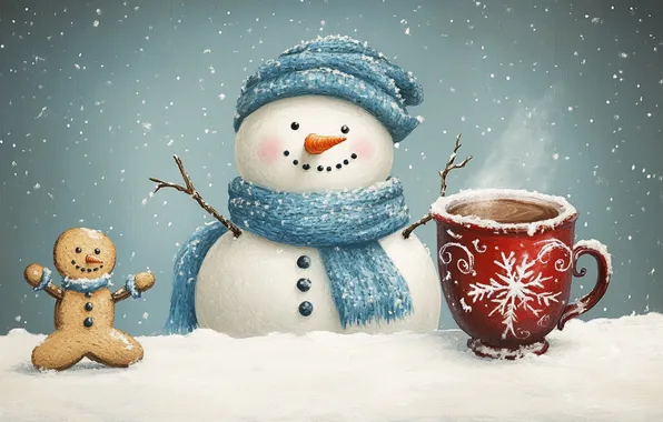 Winter, snow, tea, hat, scarf, Christmas, man, Cup