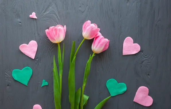 Flowers, bouquet, hearts, tulips, love, pink, wood, pink