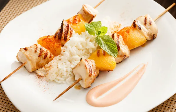 Chicken, meat, figure, pineapple, sauce, kebab