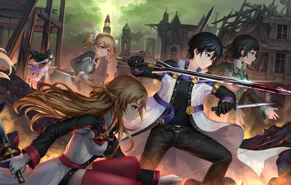 Girls, blood, sword, anime, art, guy, characters, Sword art online