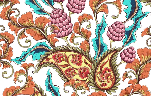 Flowers, pattern, texture, white background, Paisley