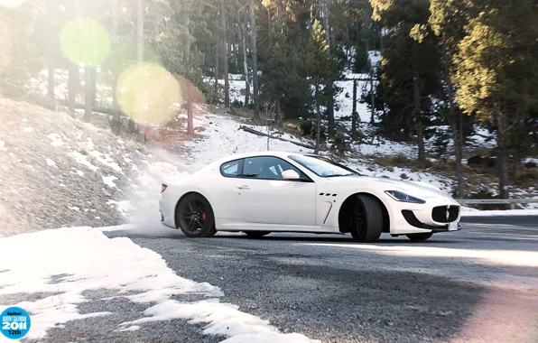 Picture forest, white, snow, trees, Maserati, skid, supercar, side view