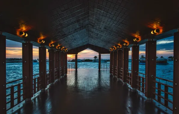 Picture tropics, the ocean, ship, the evening, pier, resort