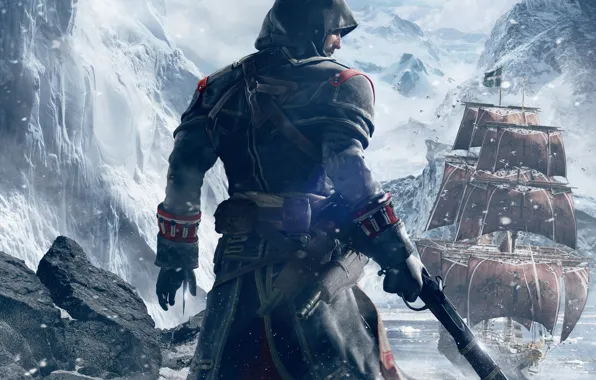 Snow, mountains, weapons, back, ship, ice, hood, Templar