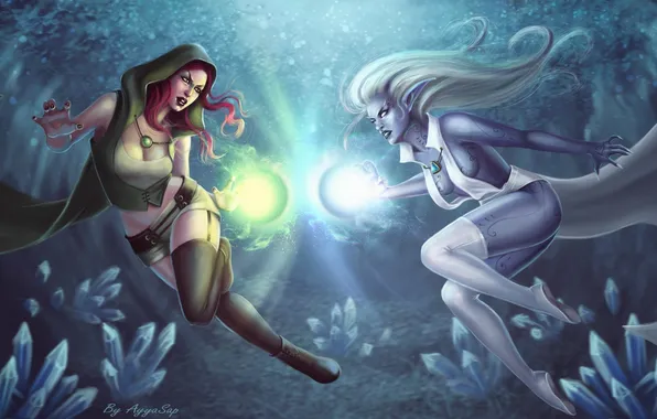 Girls, magic, fantasy, art, crystals, battle, elf