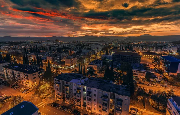 The sky, trees, sunset, mountains, street, home, Montenegro, Podgorica